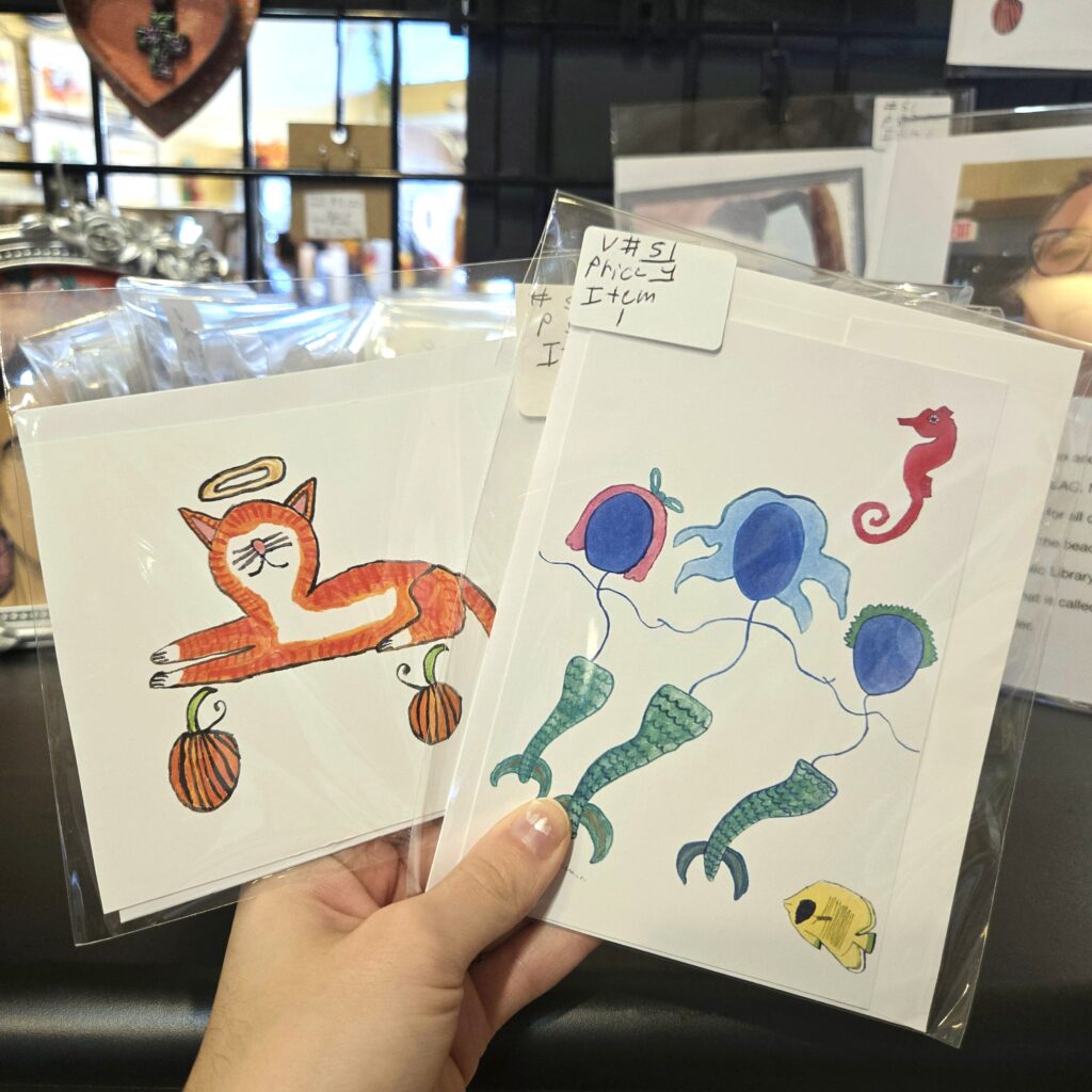 Hand drawn Postcards of mermaids and cat