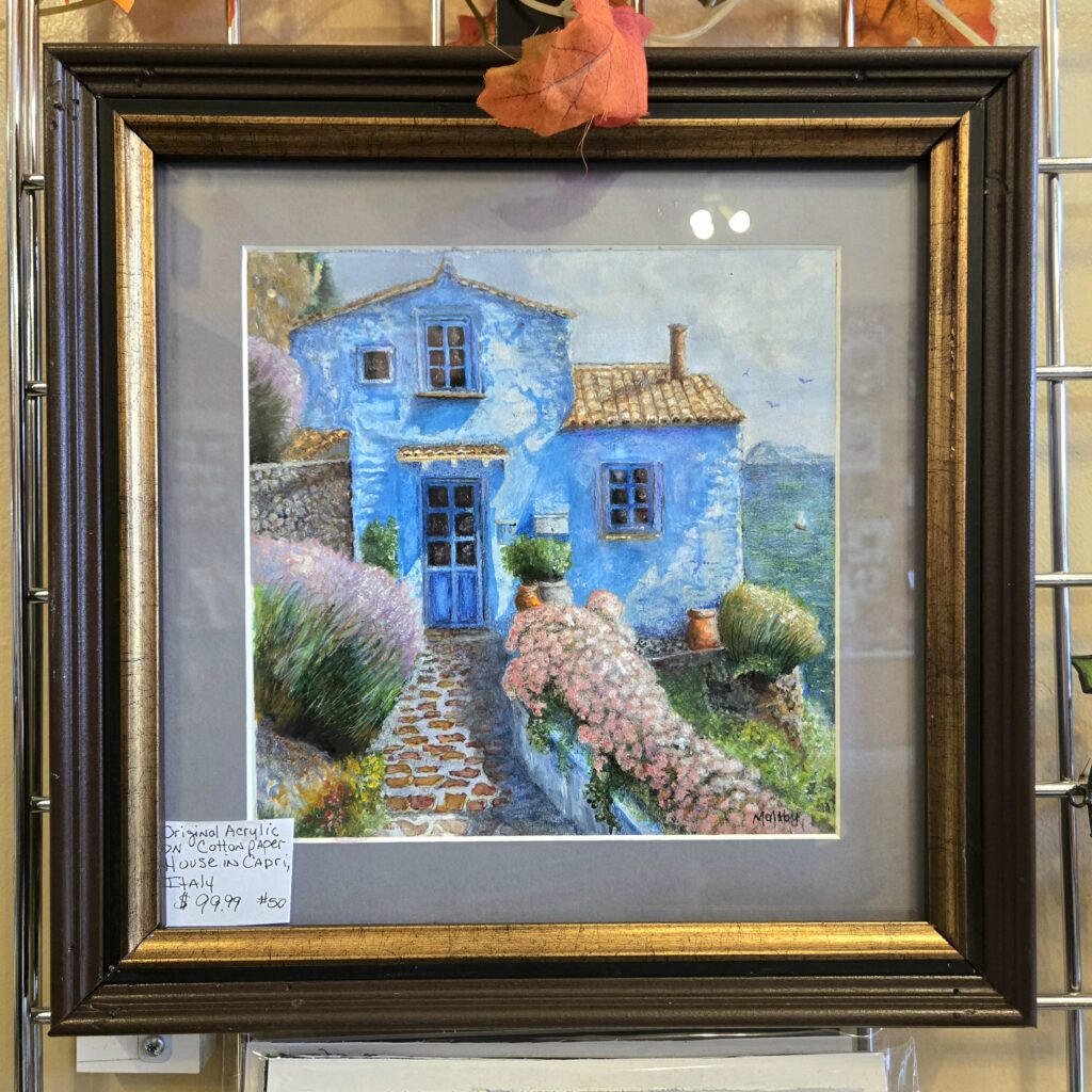 Original acrylic painting of a blue house in Capri, Italy