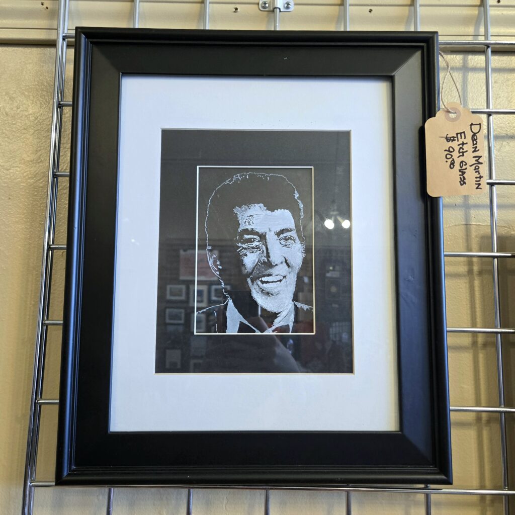framed Dean Martin portrait hand etched in glass