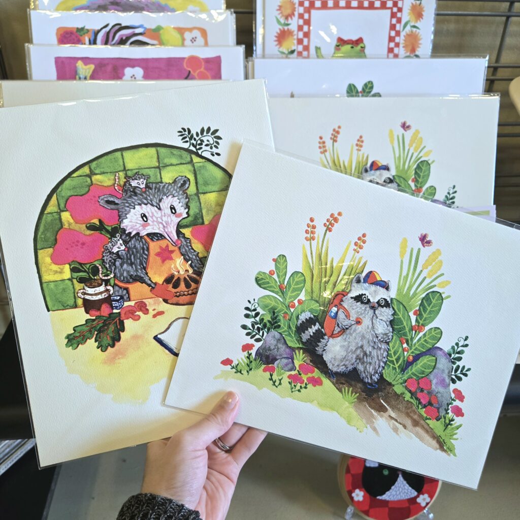 Cartoon style illustrations, hand painted. racoon and opossum characters