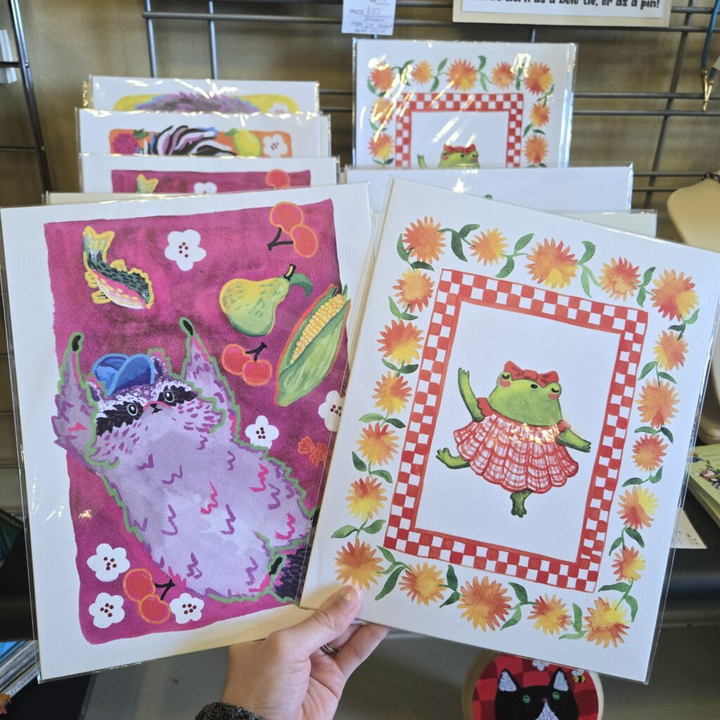 cartoon style illustrations hand painted. Racoon and frog