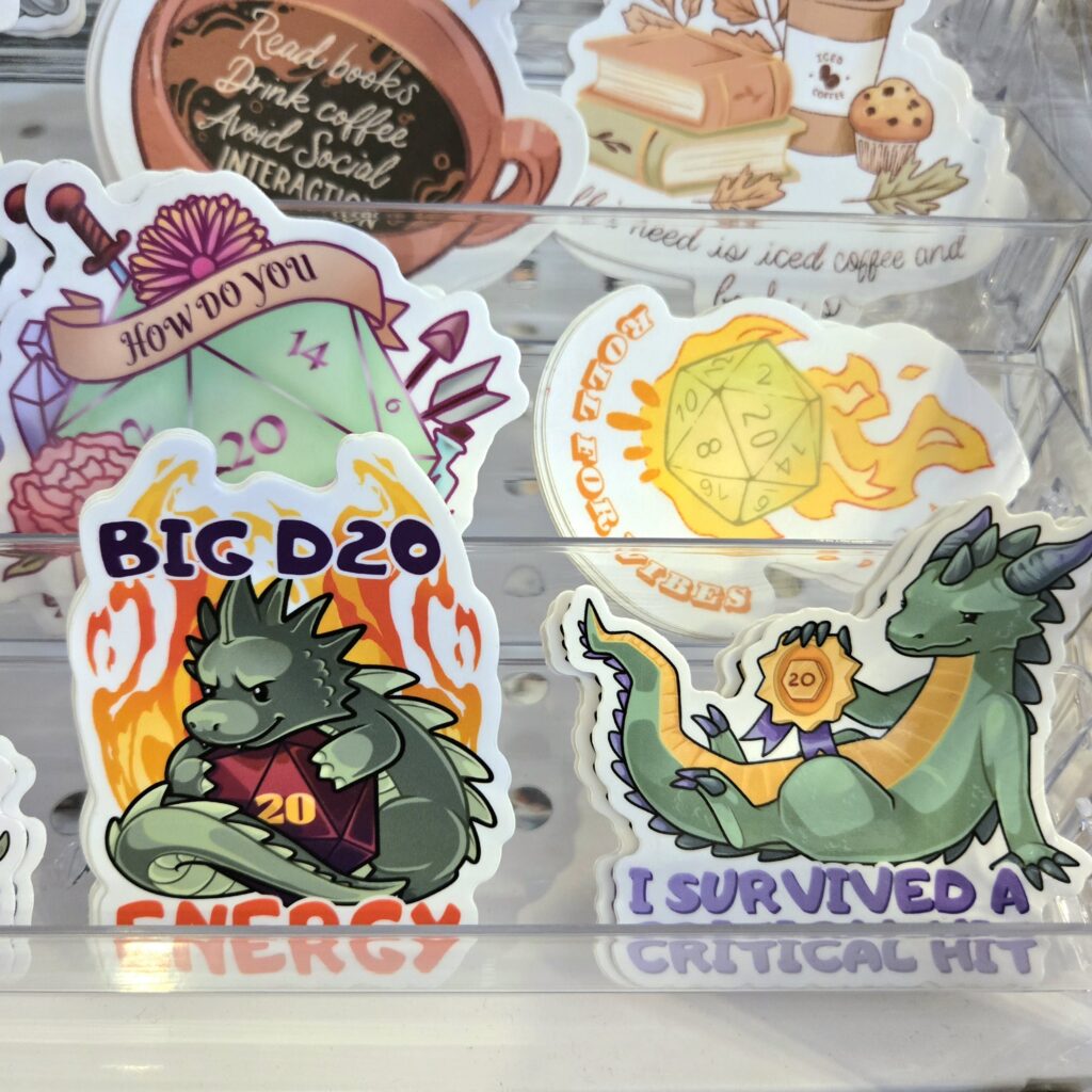 Stickers referencing roleplaying game Dungeons and Dragons.
