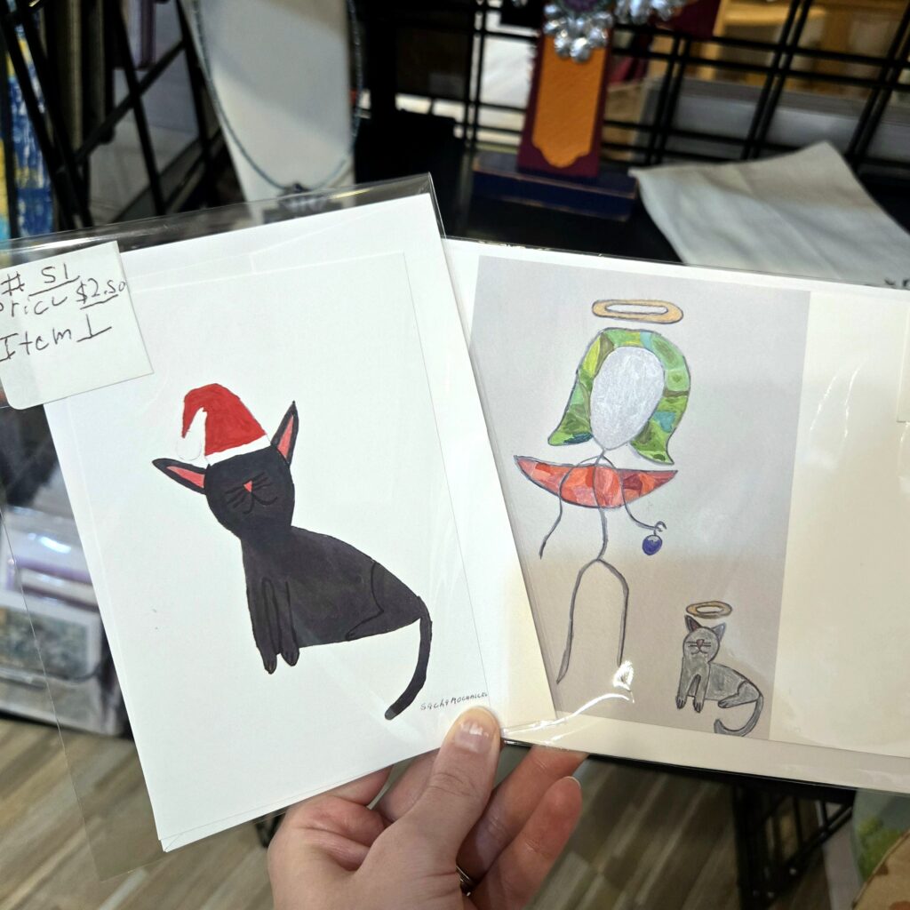 hand drawn cards, santa hat cat and angel with cat