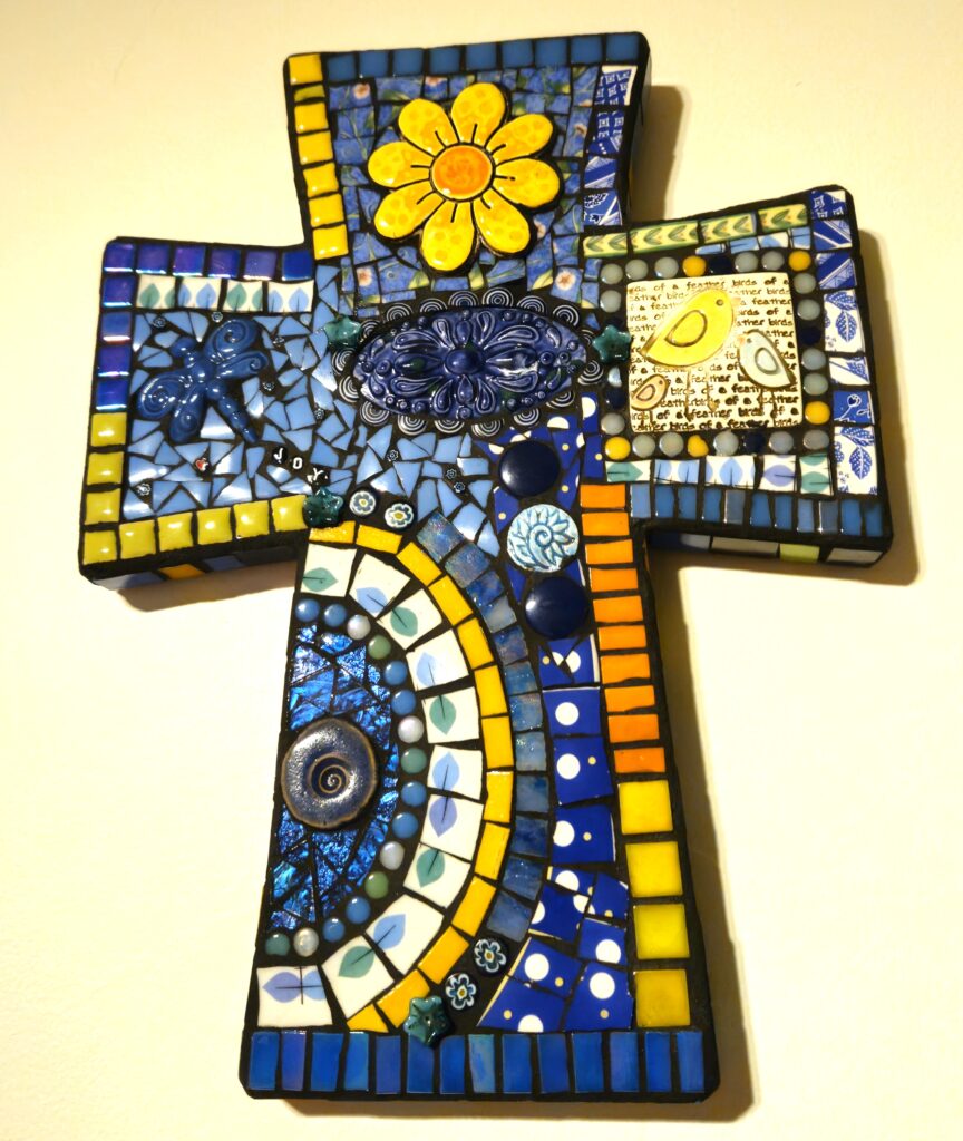 mosaic cross in yellow and blue