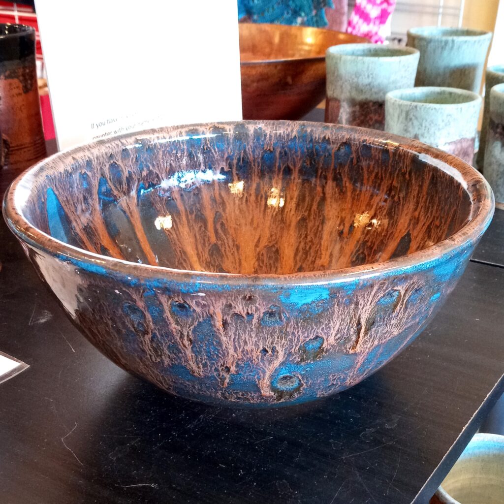 Copper and blue glazed ceramic bowl