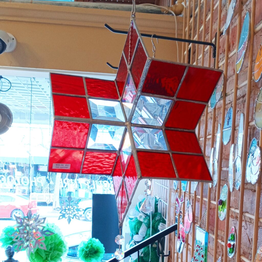 Red stained glass outdoor decor spinning glass