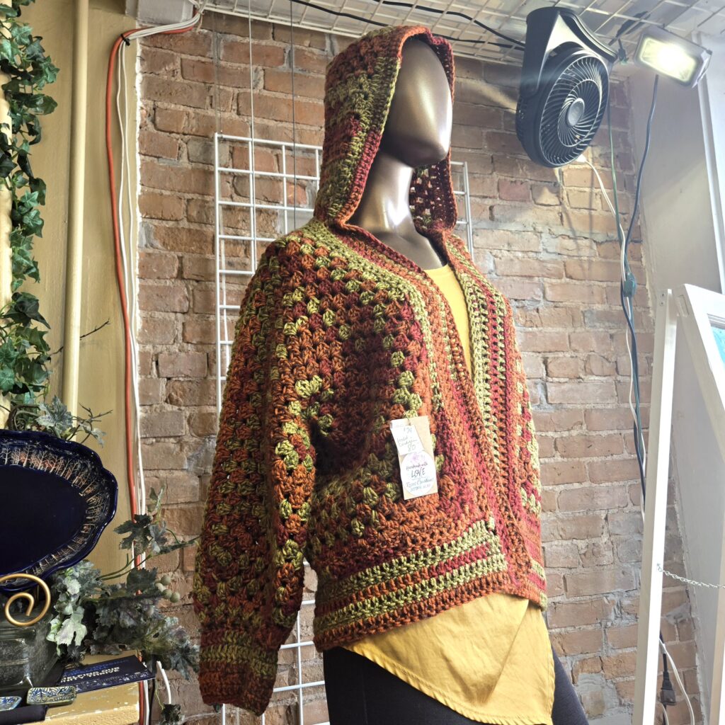 Crocheted hoodie, hooded sweater jacket in warm earthy colors