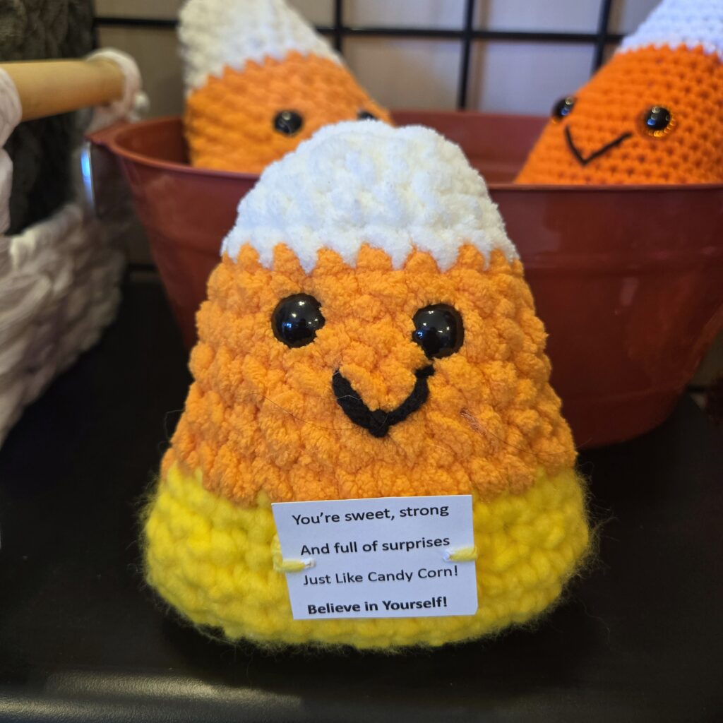 Emotional support candy corn crochet plushie