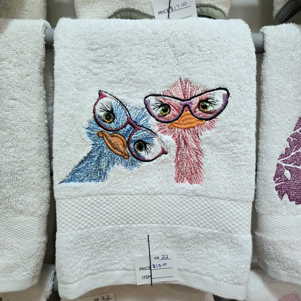Colorful pair of emu ostrich bird wearing glasses, embroidered on cotton kitchen towel