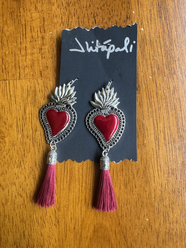 Sacred heart and embossed tin earrings