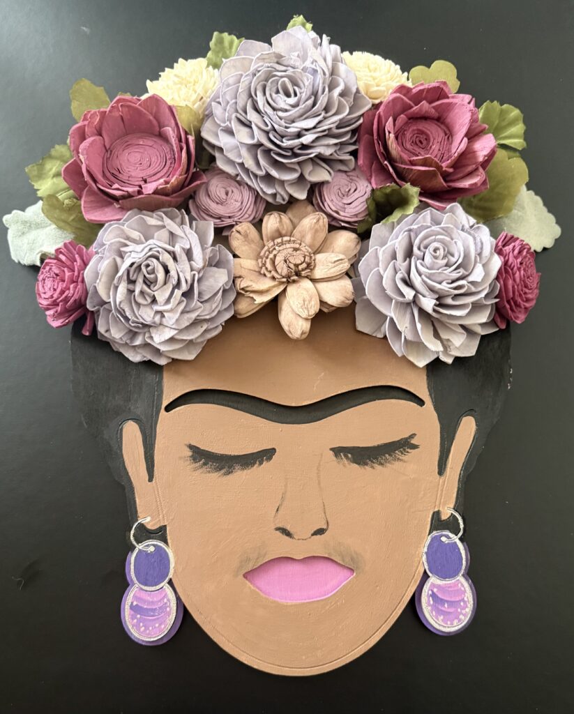 Wall hanging of Frida Kahlo with sola wood flower floral crown