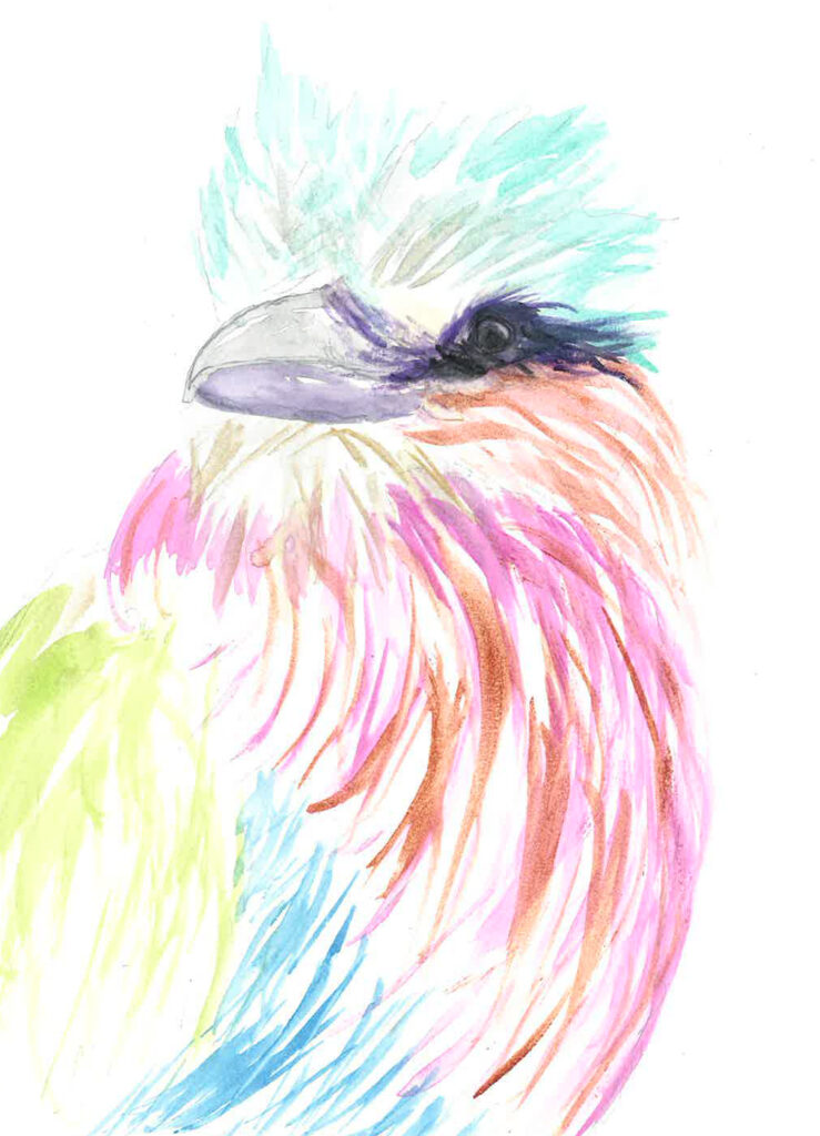 Watercolor bird painting in bright colors, loose abstract style